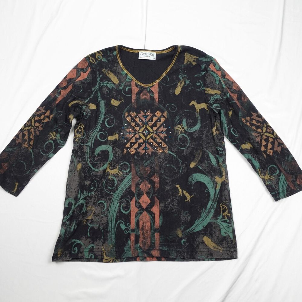 Castus Bay Apparel Shirt Women M Round Neck Embellished All Over Print Pullover